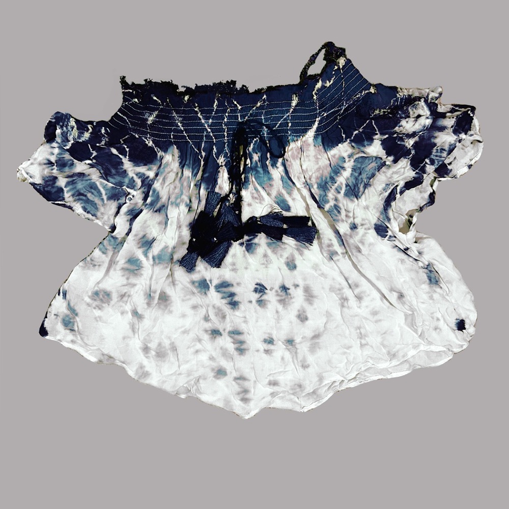 Surf Gypsy blue+white tie-dyed off the shoulder top, cropped, size M